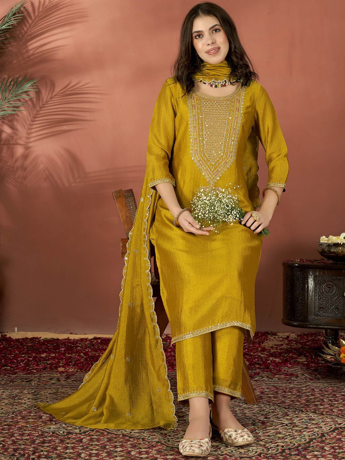 Image of Jaipuri Collection Women's Trending Solid kurta set Embroidered Kurta, Trouser /Pant & Dupatta Set