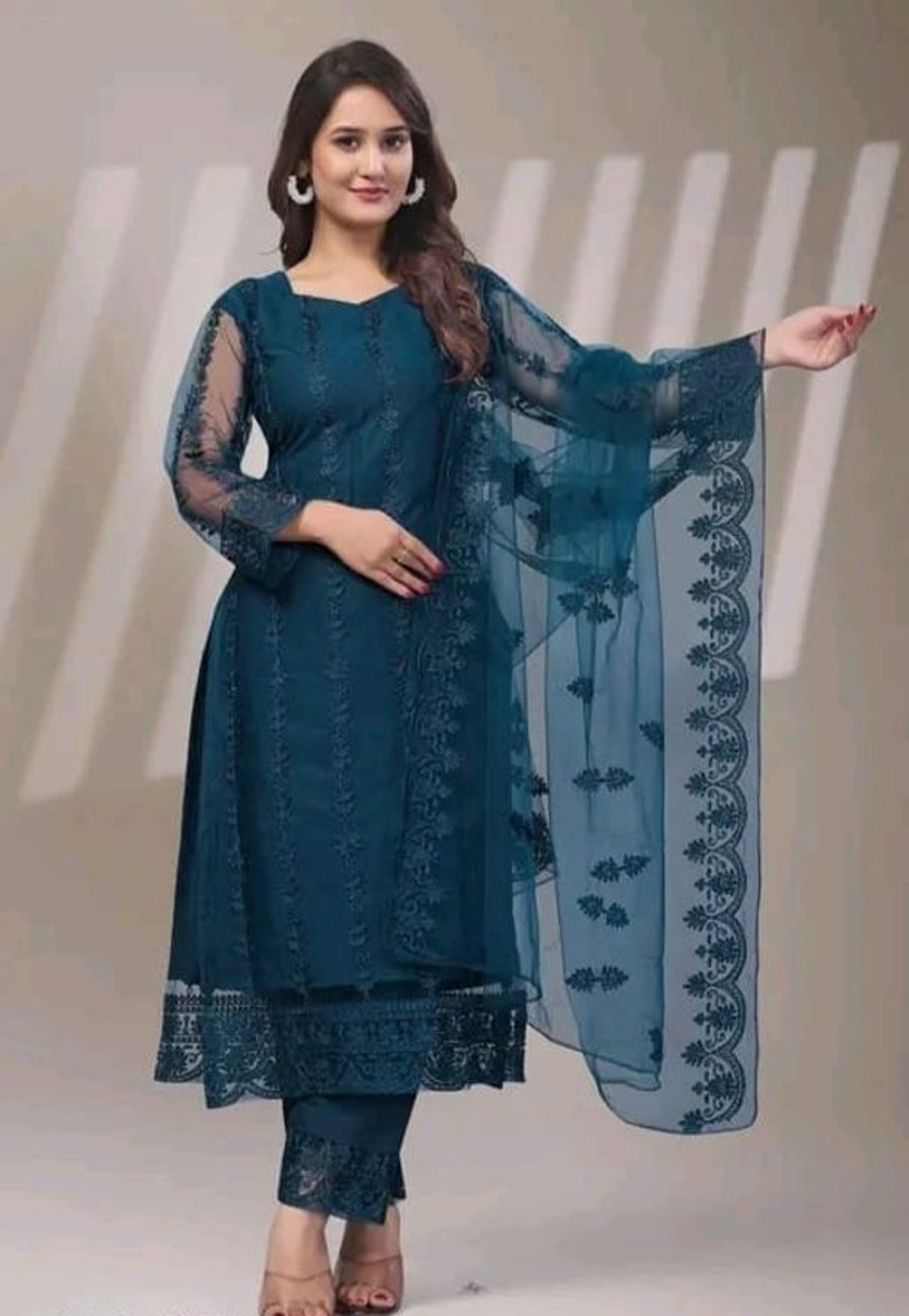 Image of Blue Wish Women Net Kurta Pant Dupatta Set
