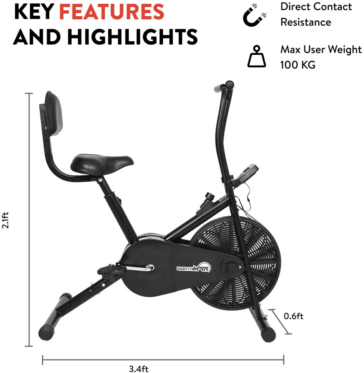 RPM Fitness by Cultsport RPM1001 Airbike with Back Seat 100 Kg Max Weight Support For Home Gym Workout Upright Stationary Exercise Bike Black Price History