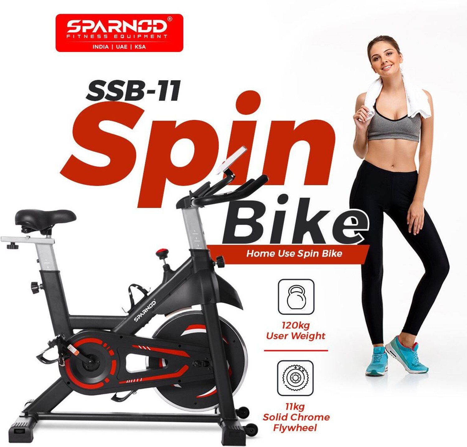 Image of Sparnod Fitness SSB-11 Spin Bike with Heavy-Duty Flywheel, Pulse Sensor & 4-Way Adjustable Seat Upright Stationary Exercise Bike (Black)