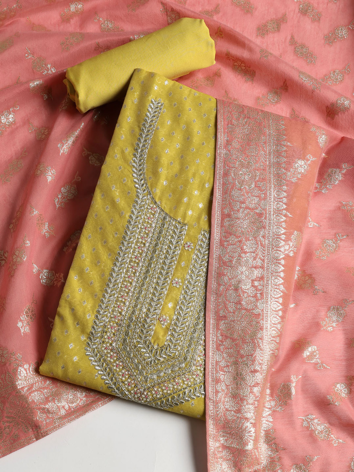 Image of Meena Bazaar Unstitched Chanderi Salwar Suit Material Embroidered