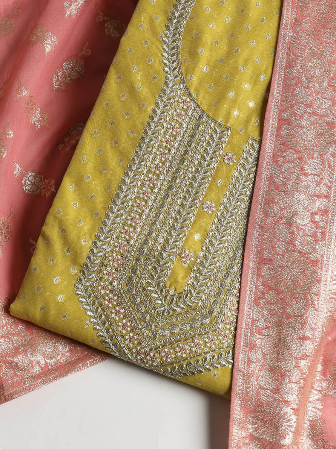 Image of Meena Bazaar Unstitched Chanderi Salwar Suit Material Embroidered