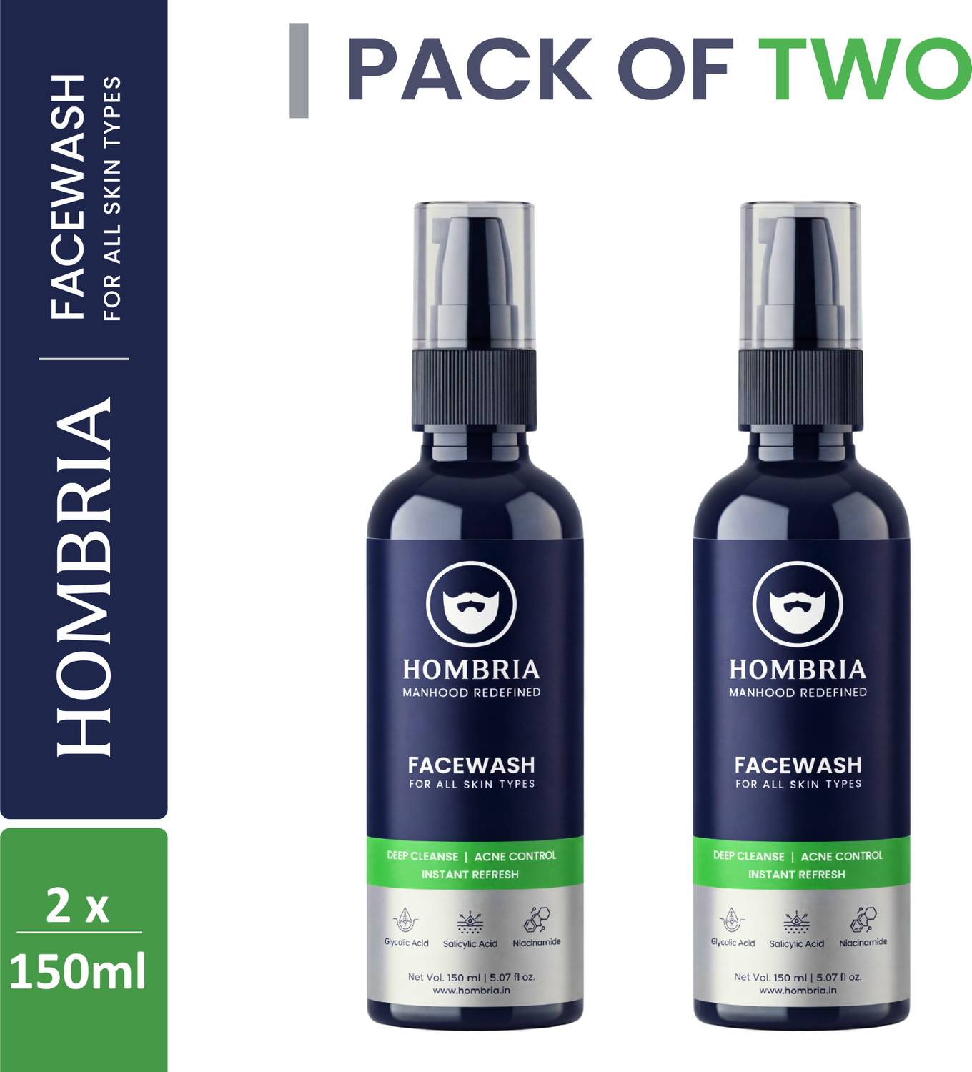 HOMBRIA Men Facewash, Fights Acne & Pimple, Deep Pore Cleansing, Skin Brightening, Energizes, All Skin Types Face Wash