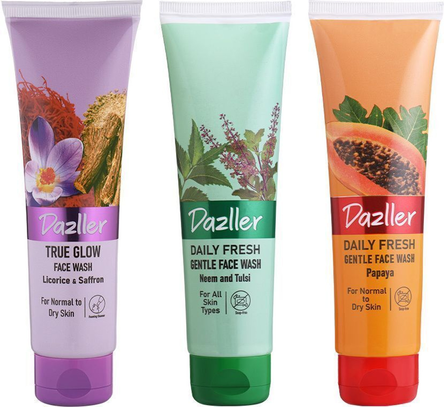 Image of Dazller Daily Fresh Trial Pack | Neem & Tulsi | Papaya | True Glow | Pack of 3, Gentle Cleanser for All Skin Types Face Wash (300 g)