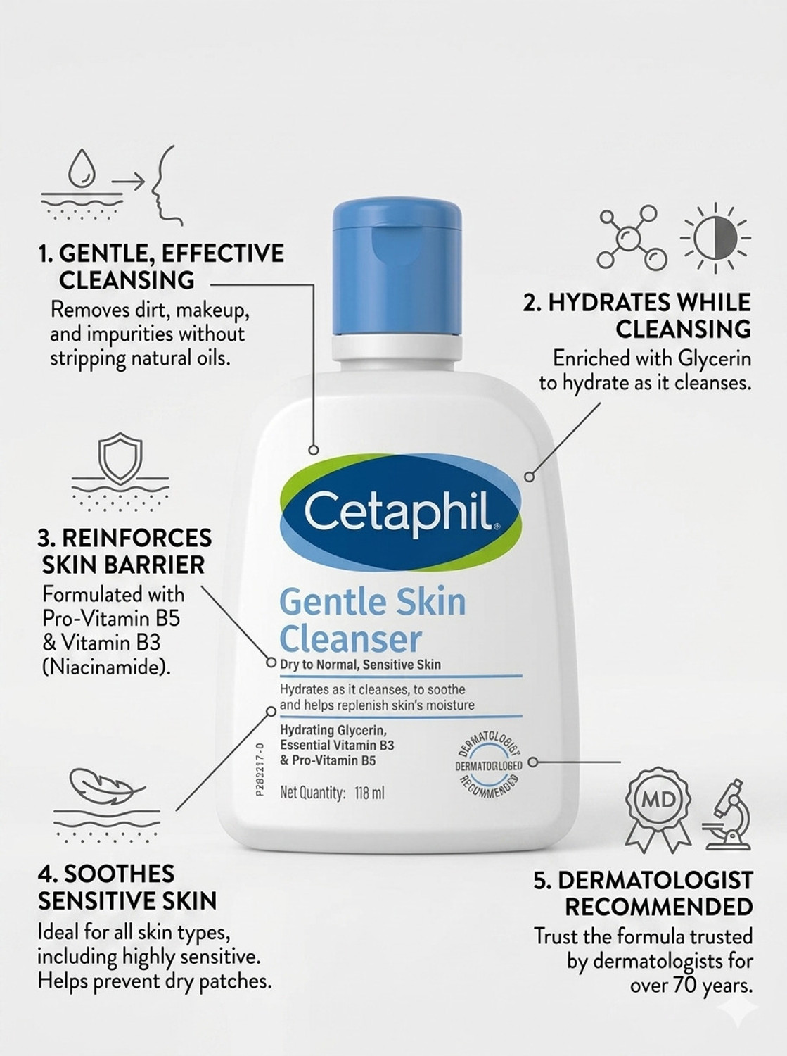 Image of Cetaphil Gentle Skin Cleanser For Dry to Normal, Sensitive Skin Face Wash (118 ml)