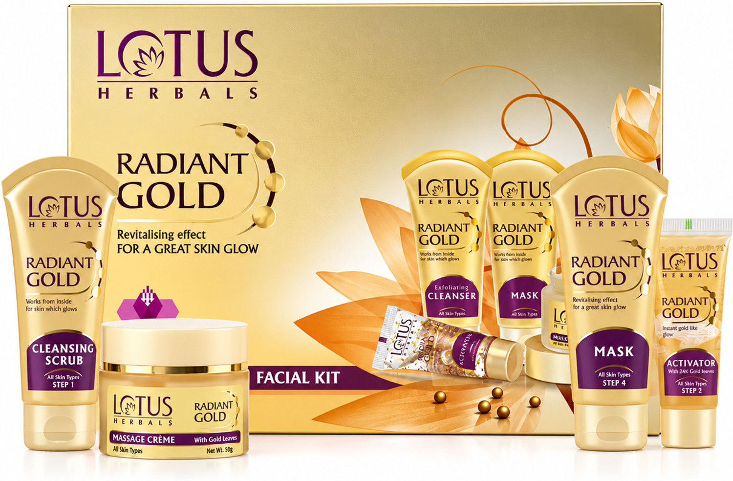 LOTUS HERBALS RADIANT GOLD Cellular Glow Salon Grade FACIAL KIT