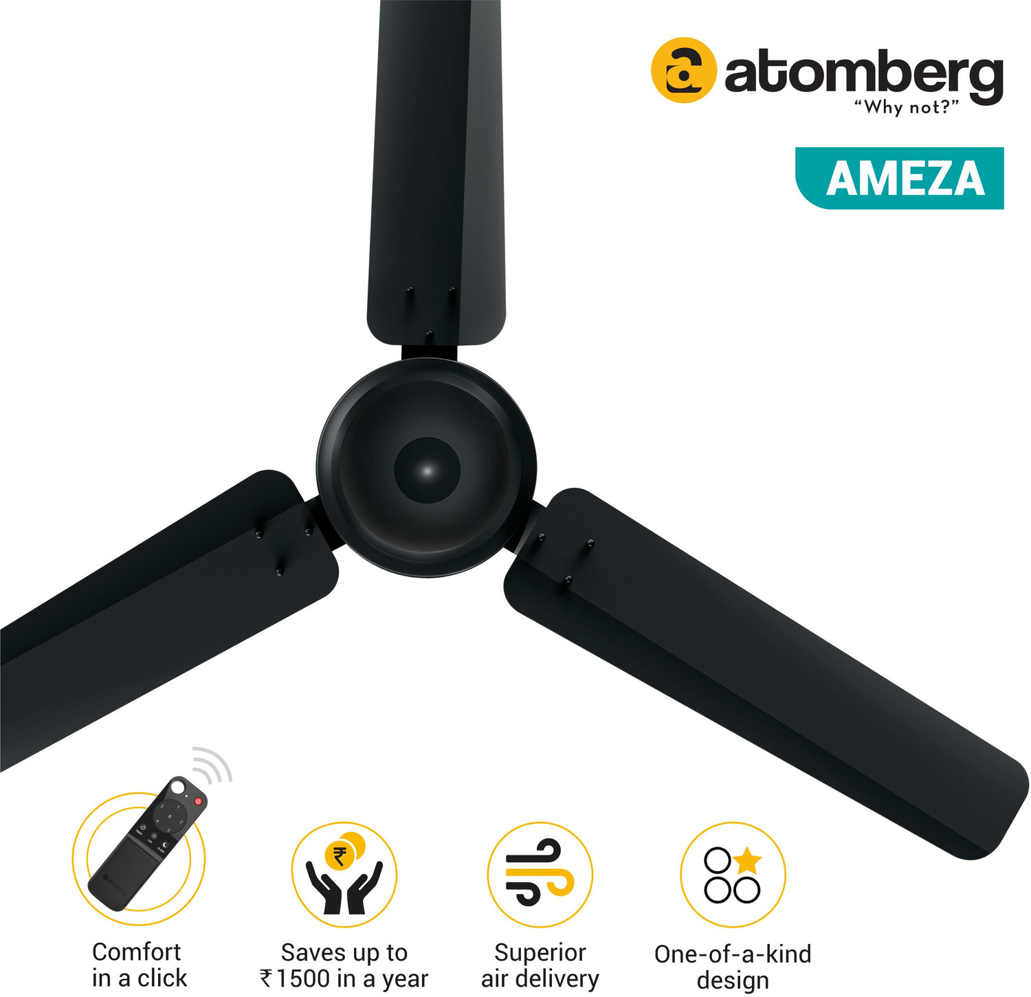 Image of Atomberg Ameza Remote Controlled|High Air Flow|Low Noise|Power Saving | Timeless Design Free Installation with 2 Year Warranty BLDC Motor with Remote 1200 mm Ceiling Fan