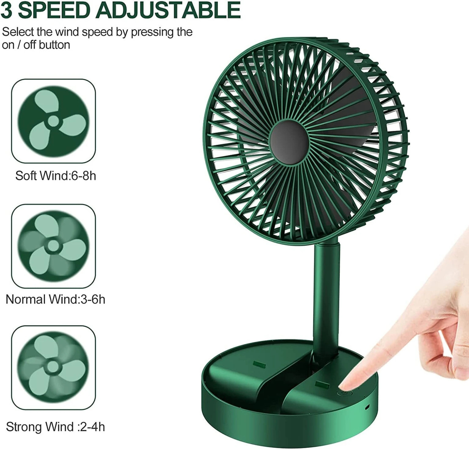 Image of KOVAH Portable Rechargeable Desk Fan with 3 Speed Control, USB Charging BLDC Motor 150 mm Table Fan (Solid Green | Pack of 1)