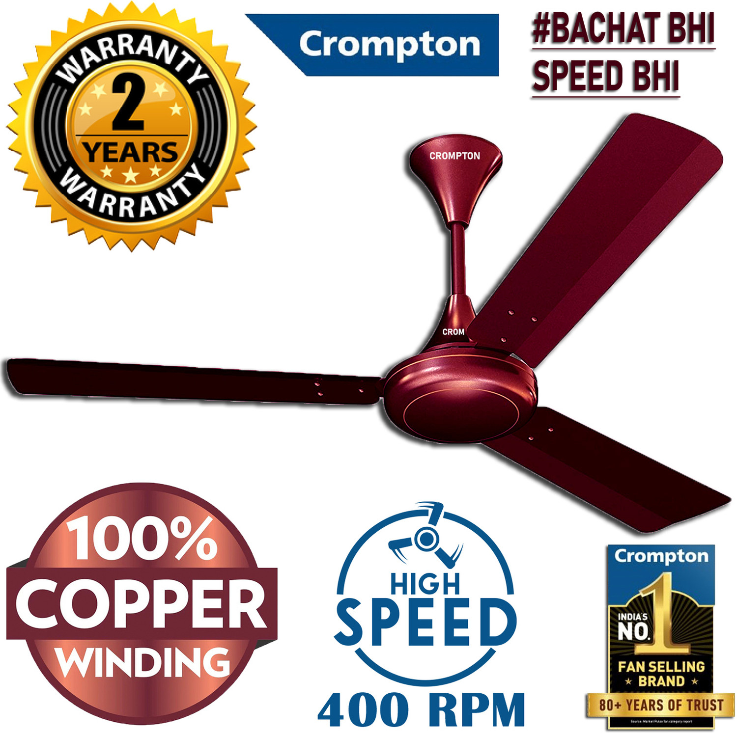 Image of Crompton SUREBREEZE 400 RPM HS Plus Super Hi - Speed 100% COPPER MOTOR LONGER LIFE 87 with 24 Months Warranty Energy Saving 1200 mm Ceiling Fan (5 Star | LUSTRE Brown SUPER HIGH SPEED 100% Copper MOTOR Longer Life 87 | Pack of 1)