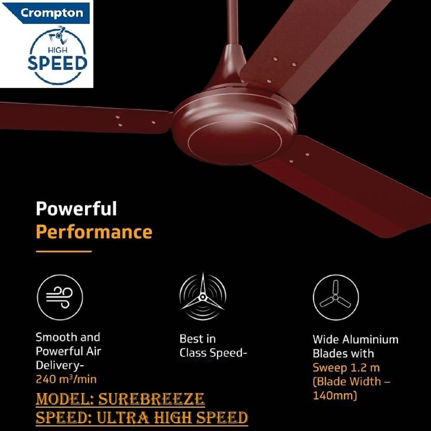 Image of Crompton SUREBREEZE 400 RPM HS Plus Super Hi - Speed 100% COPPER MOTOR LONGER LIFE 87 with 24 Months Warranty Energy Saving 1200 mm Ceiling Fan (5 Star | LUSTRE Brown SUPER HIGH SPEED 100% Copper MOTOR Longer Life 87 | Pack of 1)