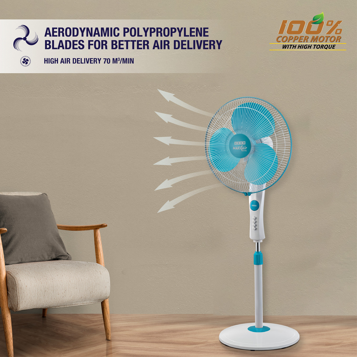 USHA Maxx Air Ultra with 2 Year Warranty Silent Operation 400 mm Pedestal  Fan (Light Blue | Pack of 1) - Price History, image size:1500x1500