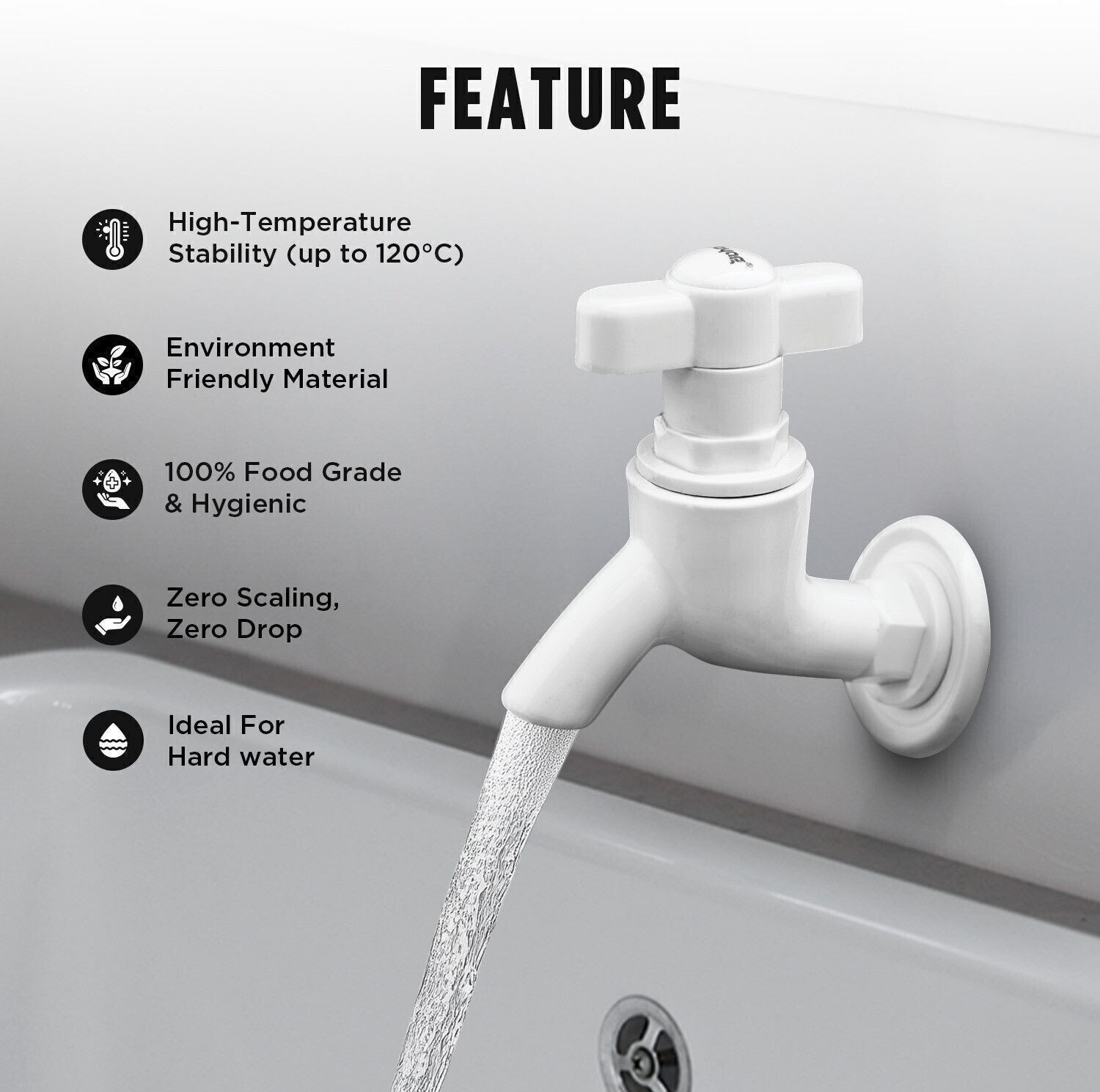 Image of Prayag PTMT T-Handle Bib Cock 15mm Wall Mount - White, Leakproof Rust-Free Tap Faucet Bib Tap Faucet (Wall Mount Installation Type)
