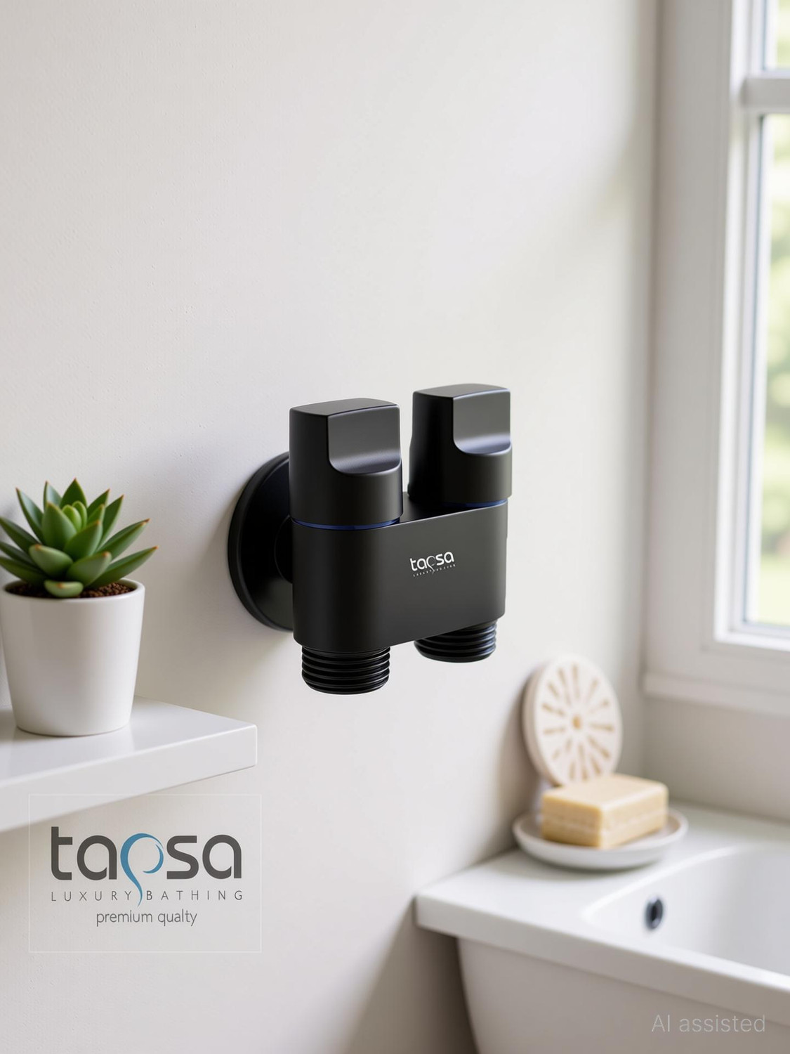 Image of PIXAFLO Compact 2 Way Angle Valve with Wall Flange | Matte Black | Brass | 2-in-1 Two Way Compact 2-Way Angle Cock Faucet (Wall Mount Installation Type)
