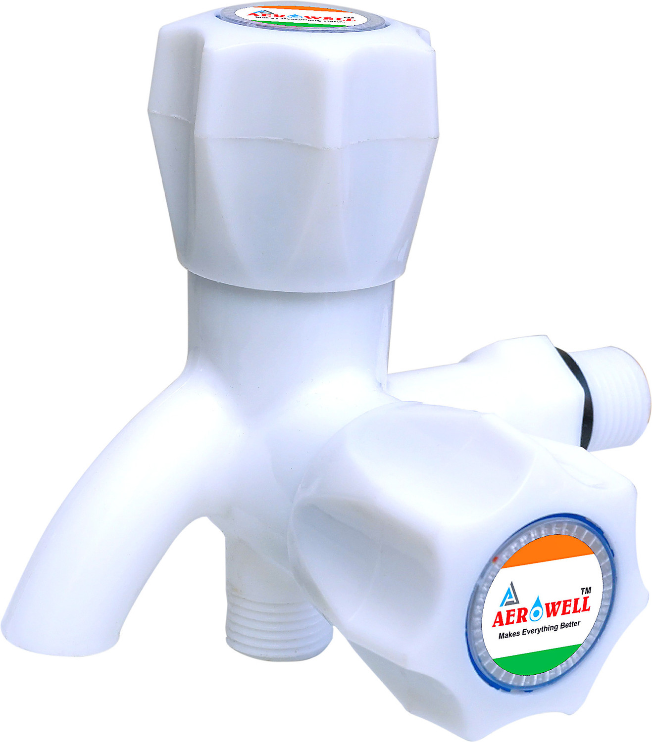 aerowell PVC White 2 In 1 Water Tap 2 Way With Flange Pack Of 1 Bib Tap Faucet
