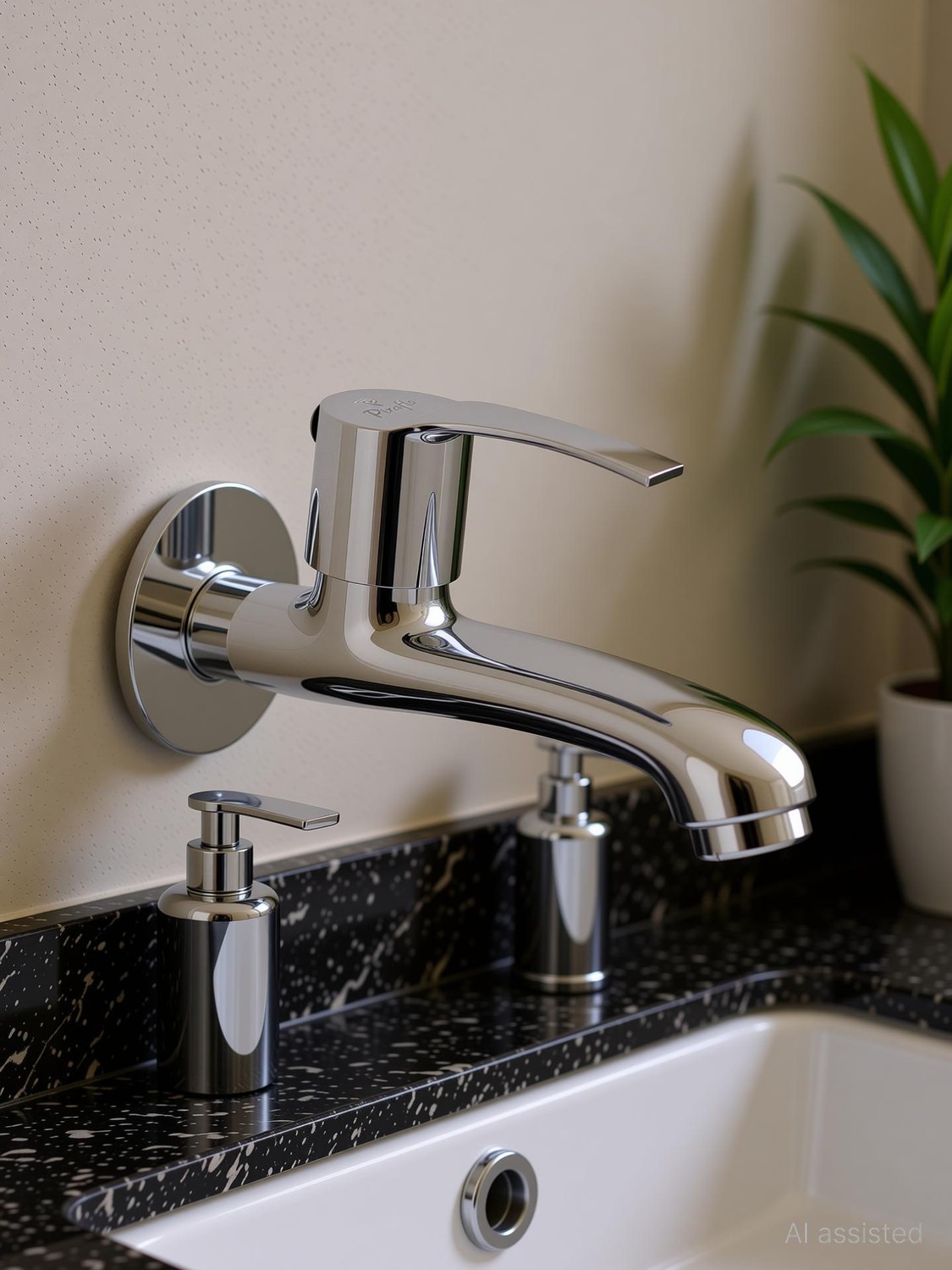 Image of PIXAFLO Compact 2 Way Angle Valve with Wall Flange | Matte Black | Brass | 2-in-1 Two Way Compact 2-Way Angle Cock Faucet (Wall Mount Installation Type)