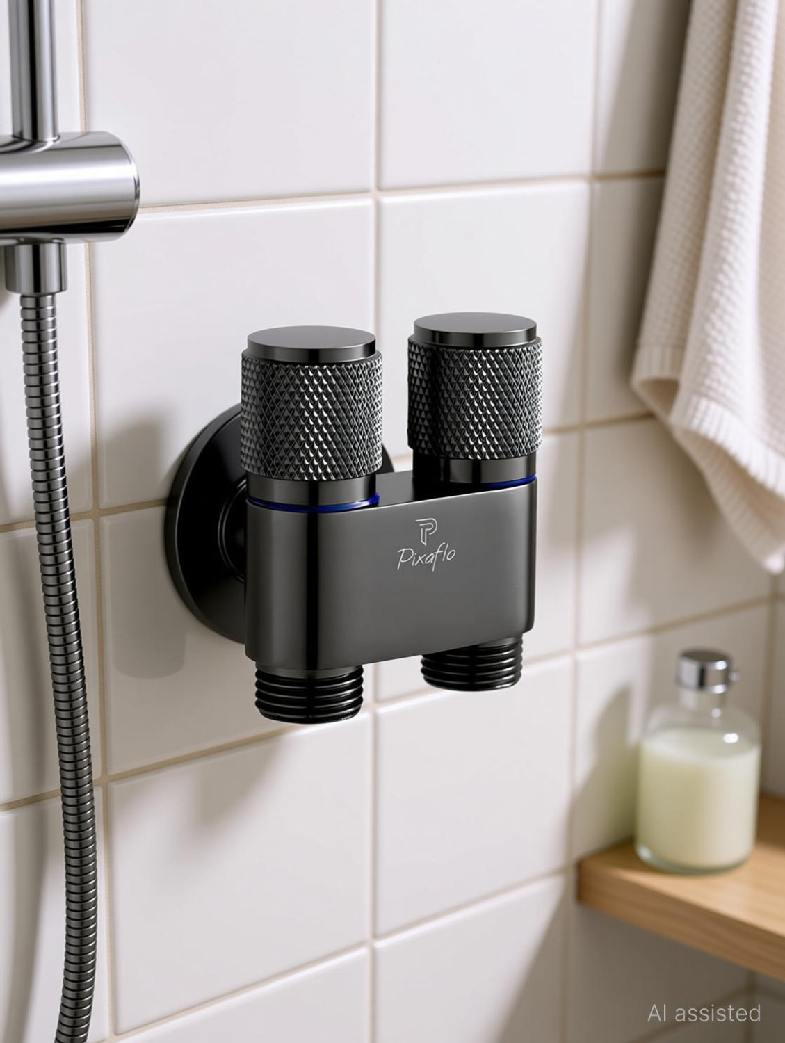 Image of PIXAFLO Compact 2 Way Angle Valve with Wall Flange | Matte Black | Brass | 2-in-1 Two Way Compact 2-Way Angle Cock Faucet (Wall Mount Installation Type)