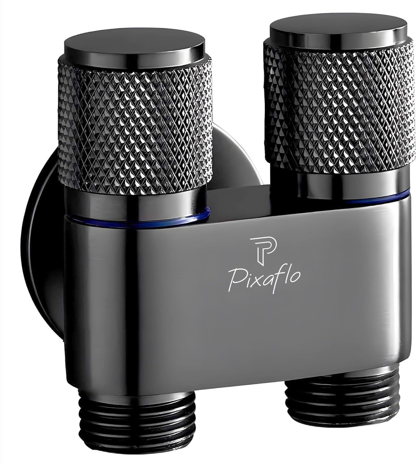 Image of PIXAFLO Compact 2 Way Angle Valve with Wall Flange | Matte Black | Brass | 2-in-1 Two Way Compact 2-Way Angle Cock Faucet (Wall Mount Installation Type)