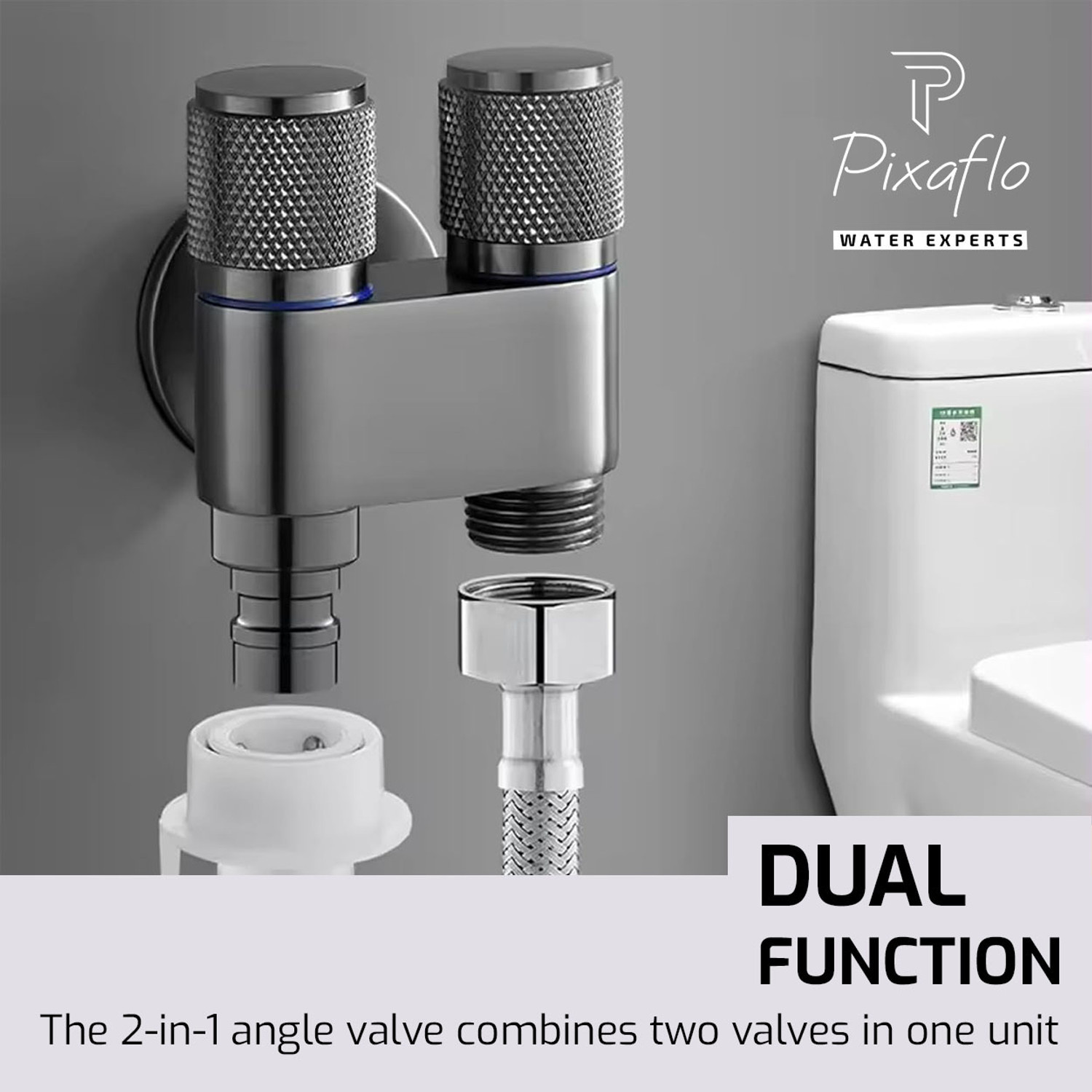 Image of PIXAFLO Compact 2 Way Angle Valve with Wall Flange | Matte Black | Brass | 2-in-1 Two Way Compact 2-Way Angle Cock Faucet (Wall Mount Installation Type)