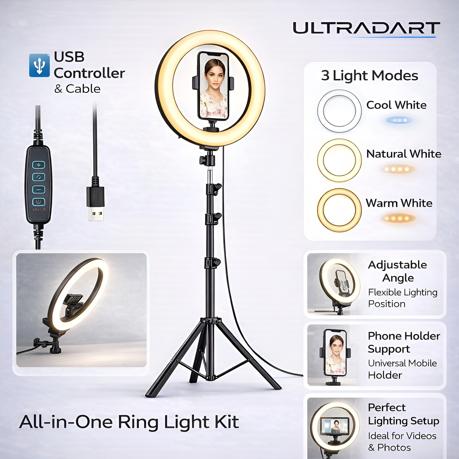 Image of AMG Music Photography LED Camera Light Remote Control for Live Stream Video with Tripod Flash (Soft White, White, Warm Light)