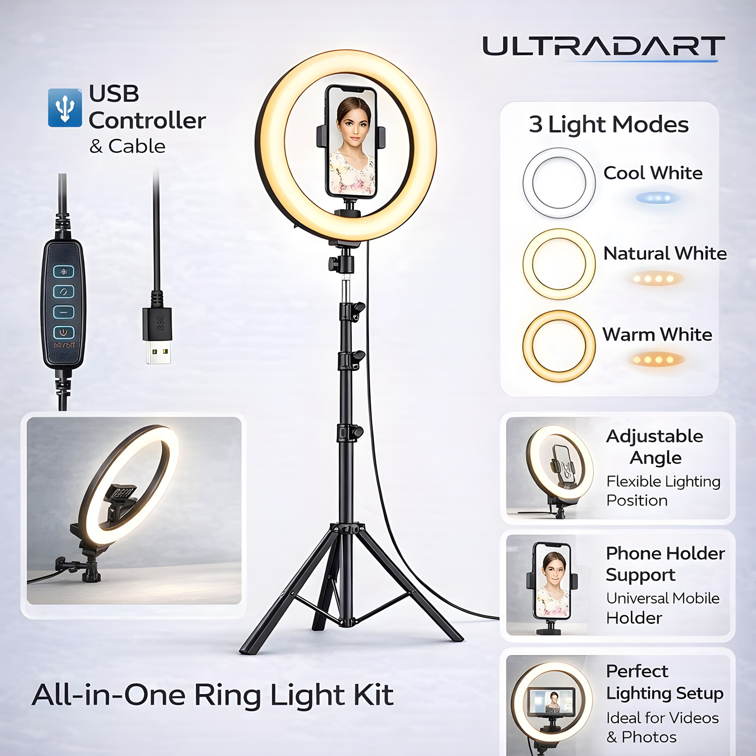 Image of AMG Music Photography LED Camera Light Remote Control for Live Stream Video with Tripod Flash (Soft White, White, Warm Light)