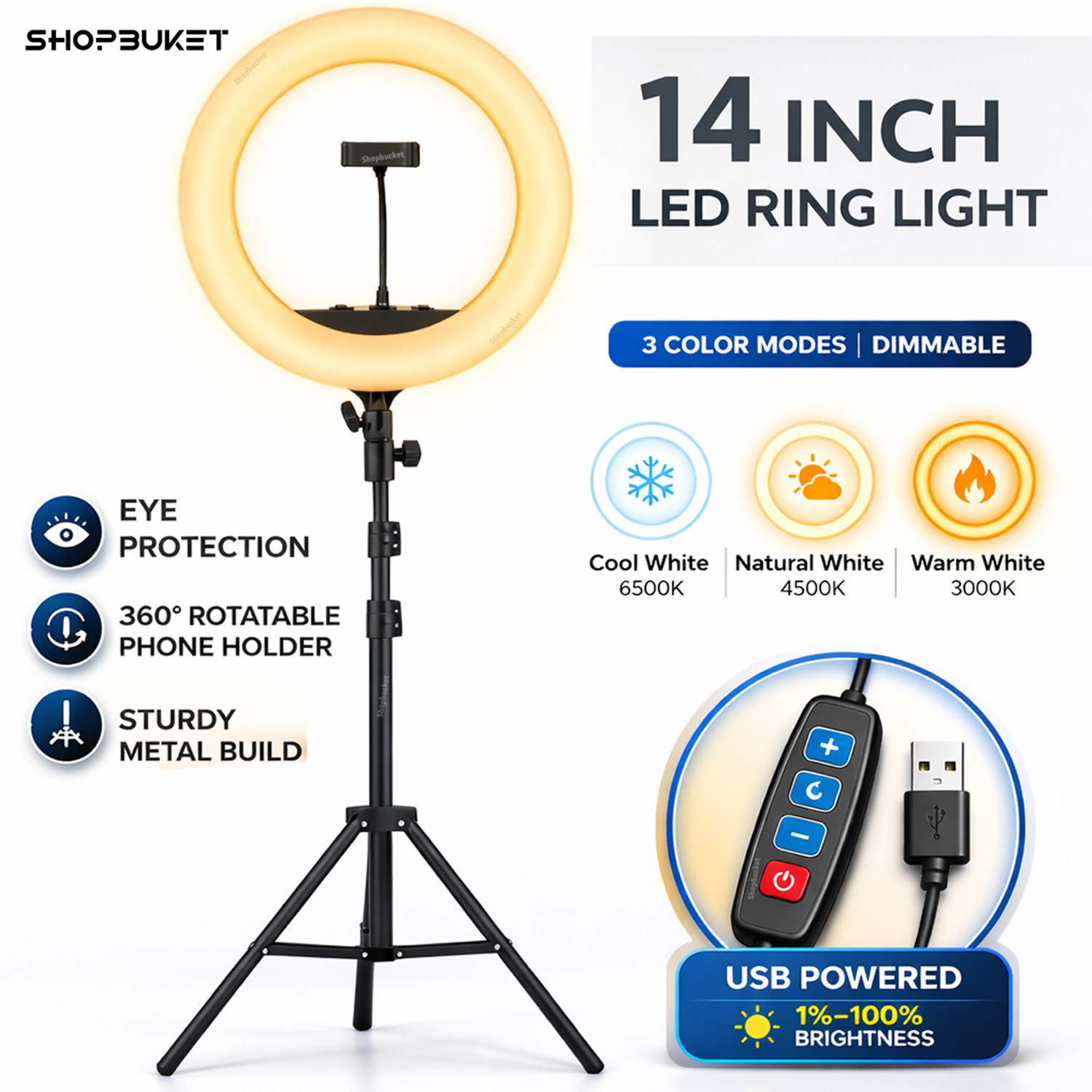 Image of SB 14 Inch LED Ring Light with 7 Ft Metal Stand 3 Mode for Studio Light Ring Flash (White)