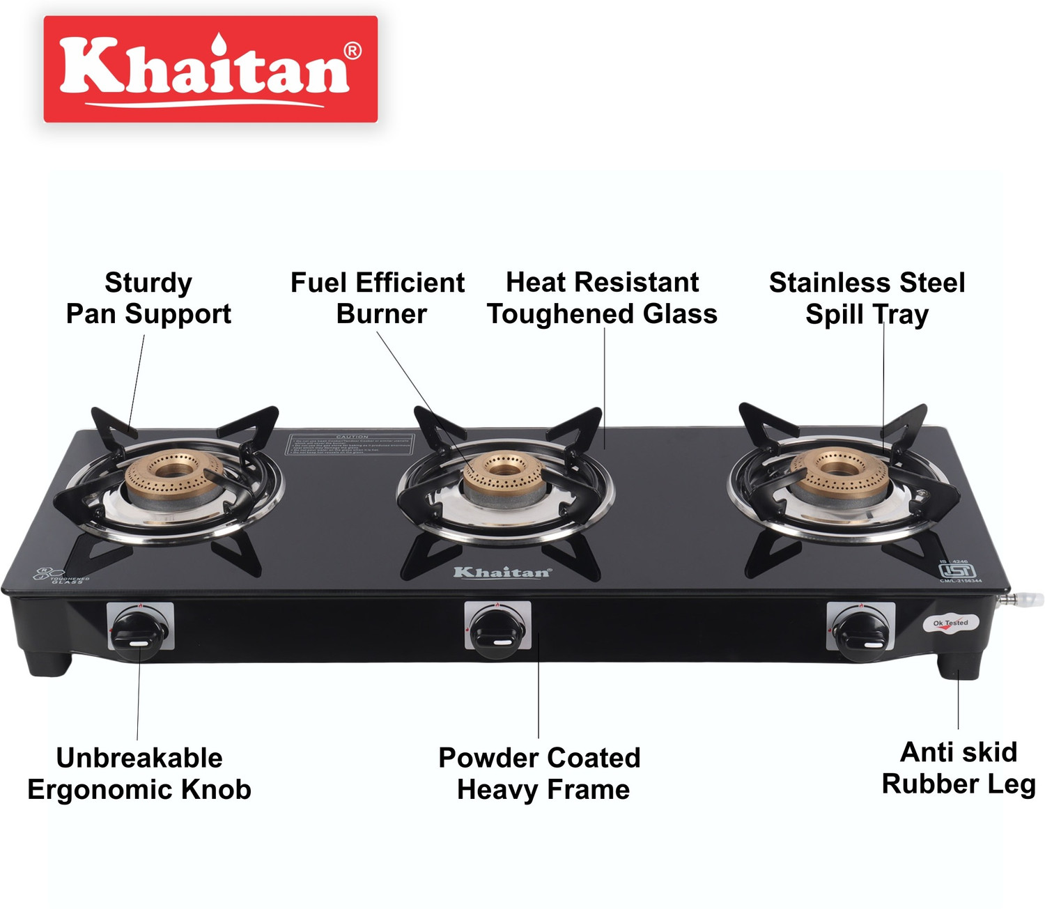 Khaitan 3B BPJIO Black Glass Manual Gas Stove (3 Burners) Price History