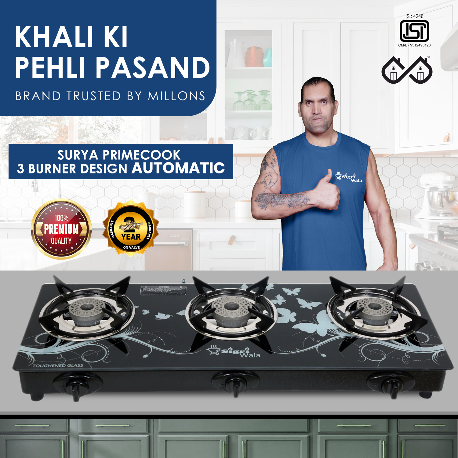 Sigri-wala 3‑Burner Automatic Gas Stove – Glass, Aluminium, Steel