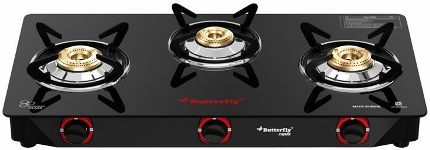 Butterfly Rapid 3 Burner Glass Manual Gas Stove