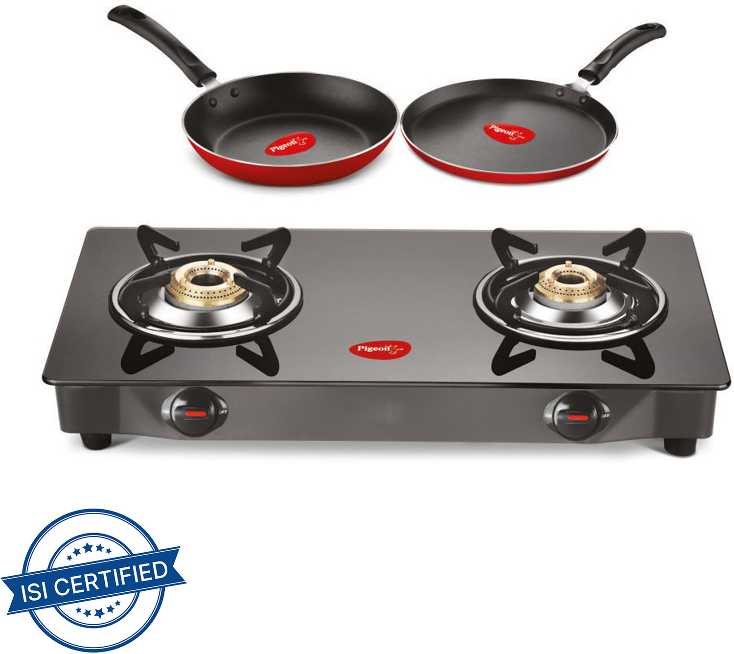 Pigeon Gas Stove Combo - Brunet 2 Burner Gas Cooktop + Flat tawa 250 + Fry Pan 240 Stainless Steel Manual Gas Stove