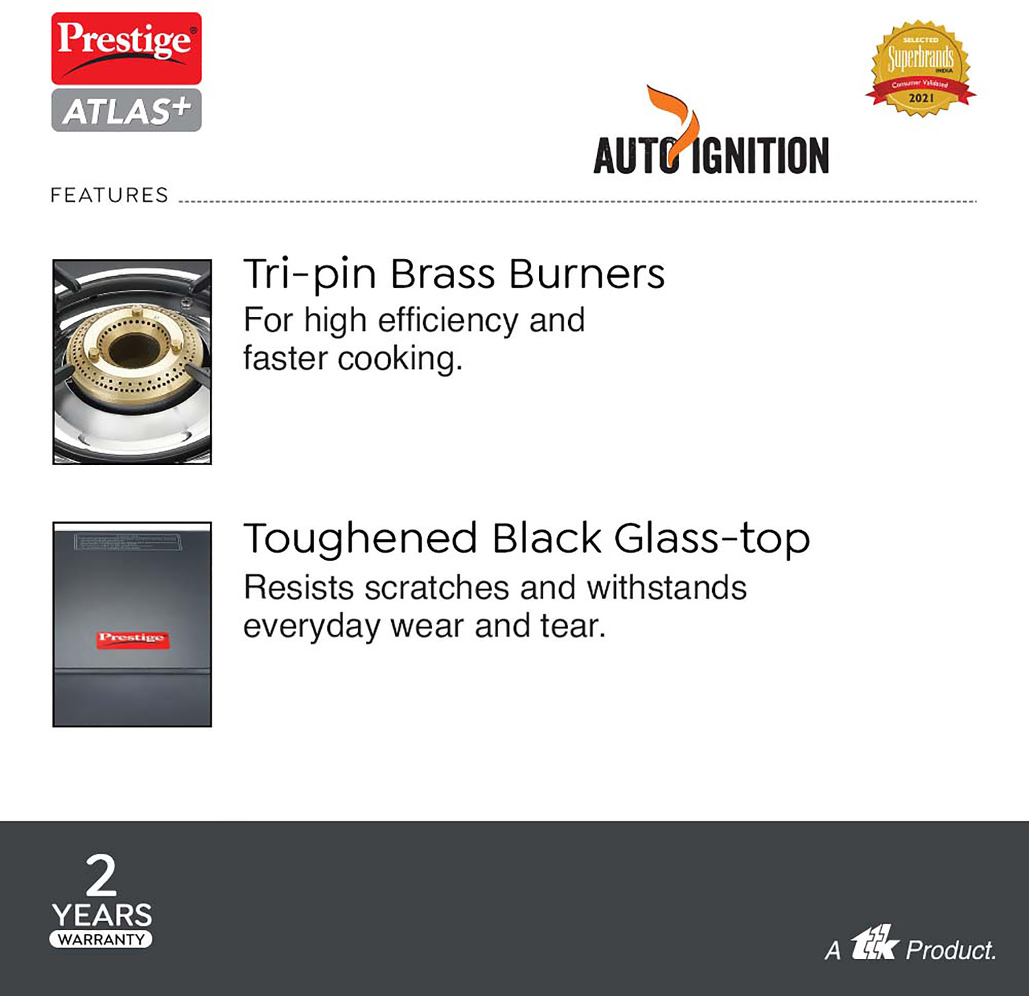 Image of Prestige Atlas Plus High Effient Brass burner & Toughened Glass Automatic Gas Stove
