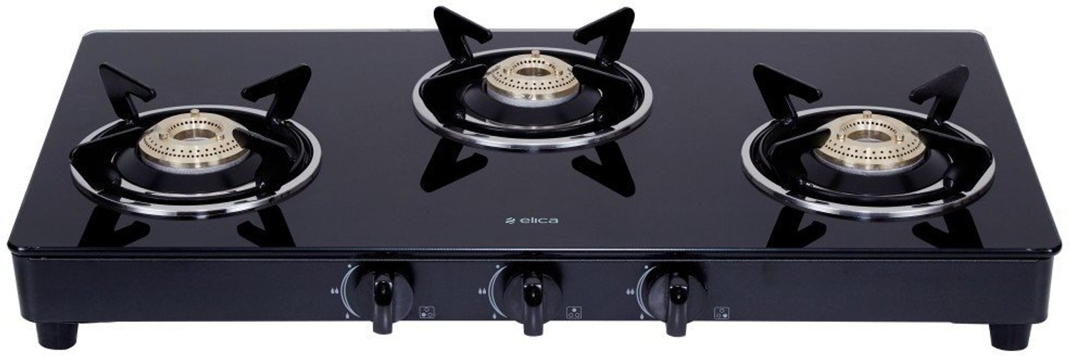 Elica Vetro Glass Top 3 Burner Gas Stove (703 CT VETRO BLK) Glass Manual Gas Stove