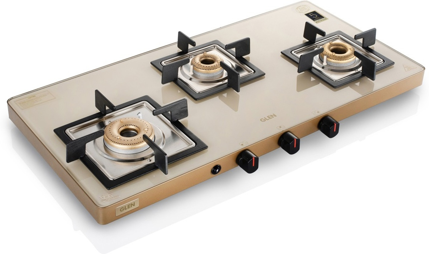 Glen CT1035 Ultra Slim Apricot Glass Gas Stove with 3 High Flame Forged Brass Burner Stainless Steel Automatic Gas Stove