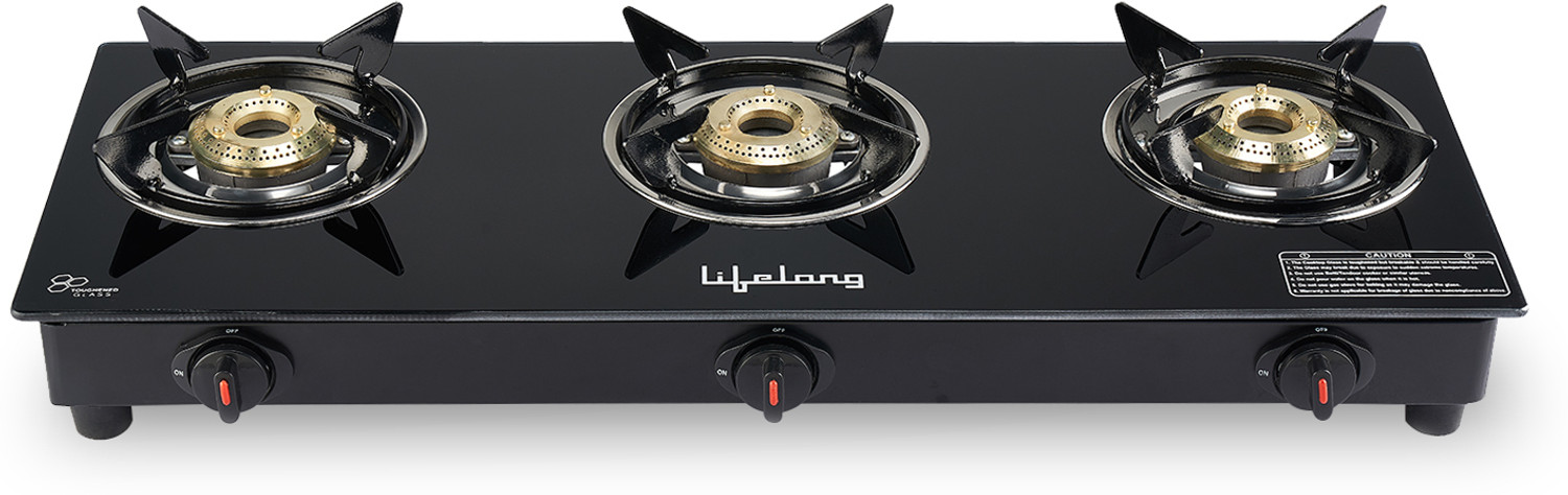 Lifelong LLGS603 Automatic Ignition 3 Burner For LPG Use Only (Doorstep Service, Black) Glass Automatic Gas Stove