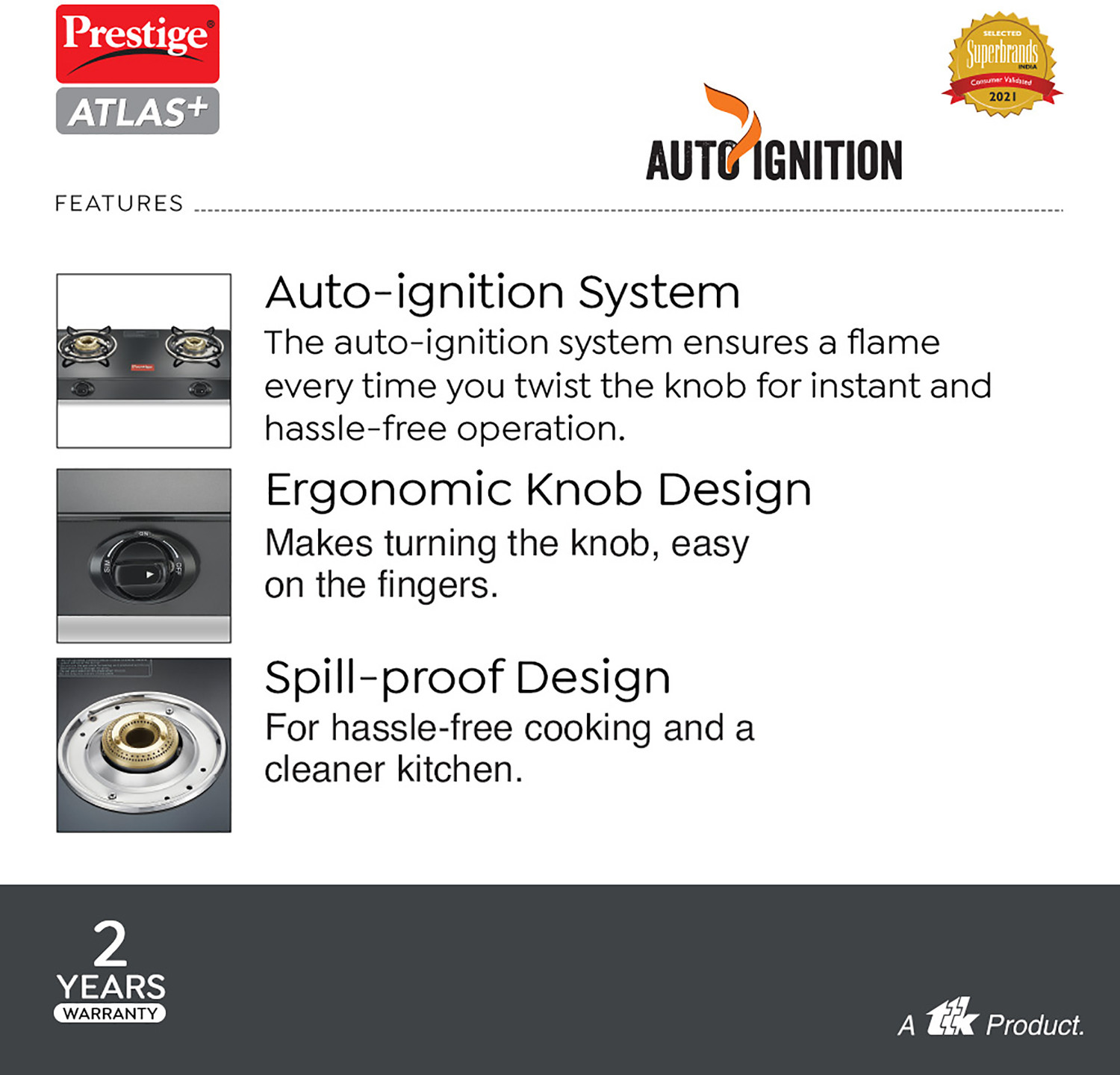Image of Prestige Atlas Plus High Effient Brass burner & Toughened Glass Automatic Gas Stove