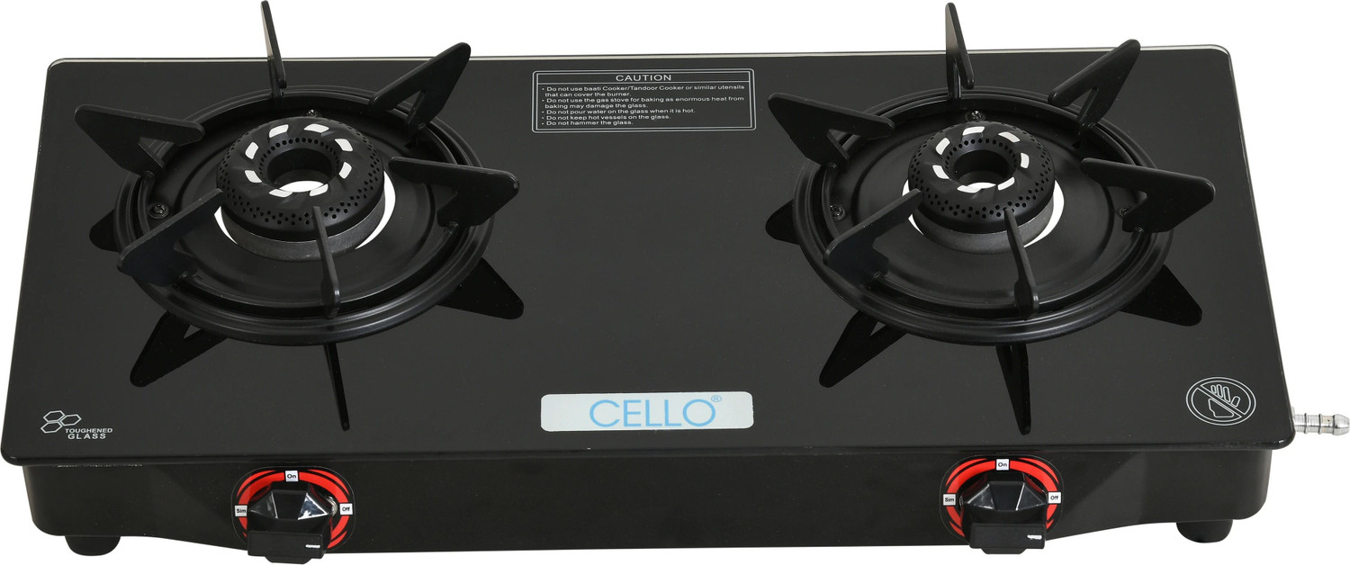 Cello Hexa Manual Ignition Black Aluminium Alloy Burner Toughened Glass Iron Manual Gas Stove
