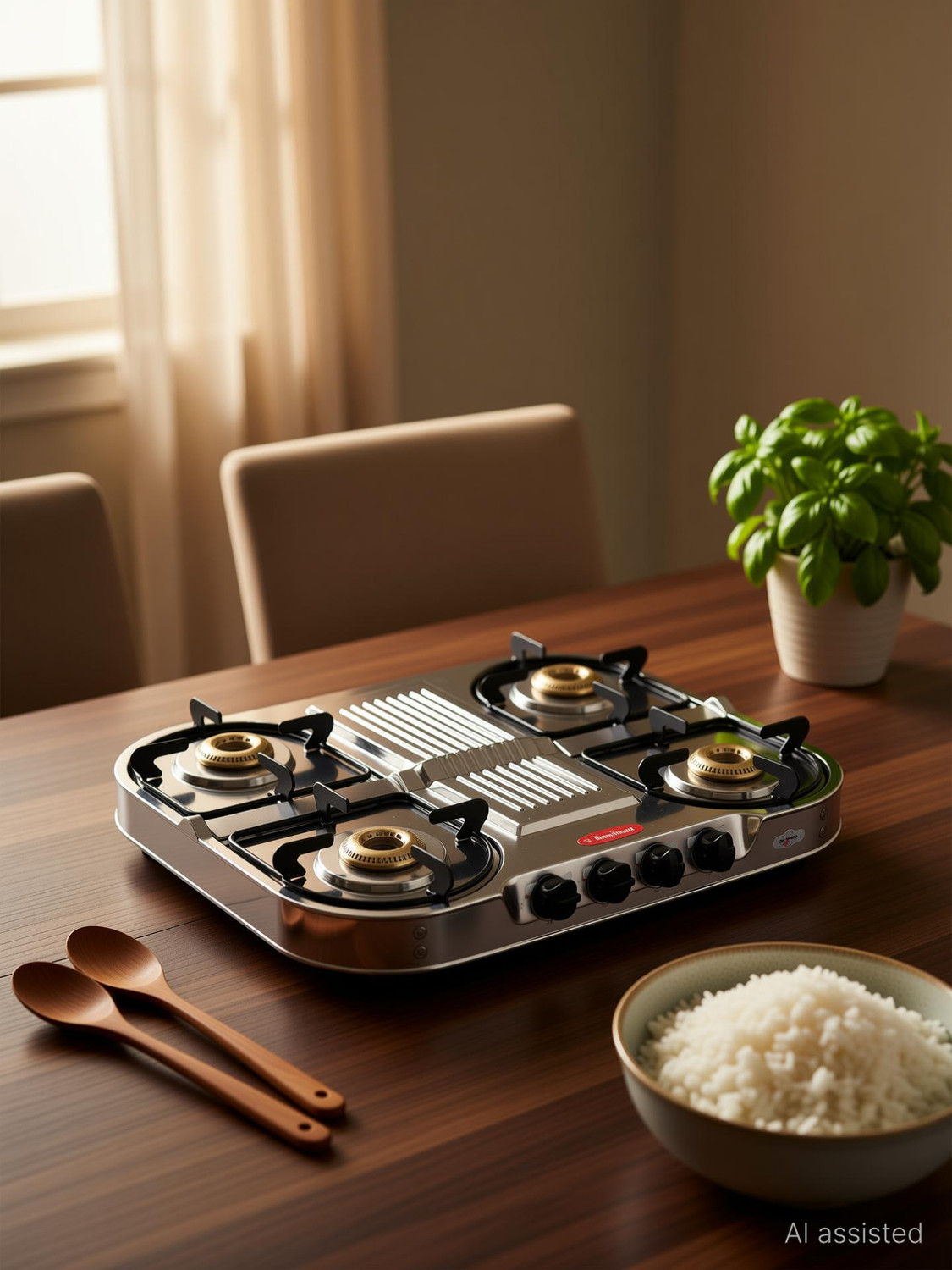 Khaitan 4 Burner Draw Double Decker (with party cooking burner) Stainless Steel Manual Gas Stove