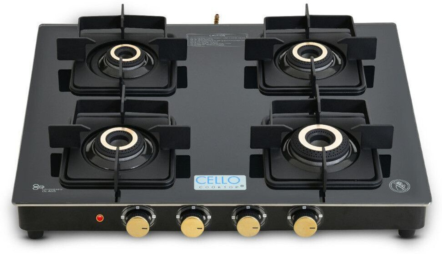 CELLO Black Pearl 4 Burner Toughened Glass Top Gas Stove, Brass Burner