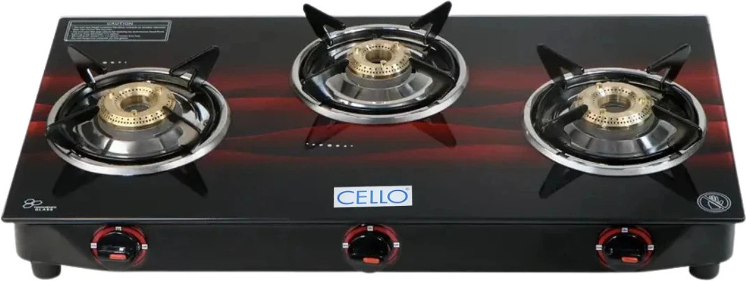 cello Premium 3 Burner Black Manual Ignition Glass Top Gas Stove,(ISI 