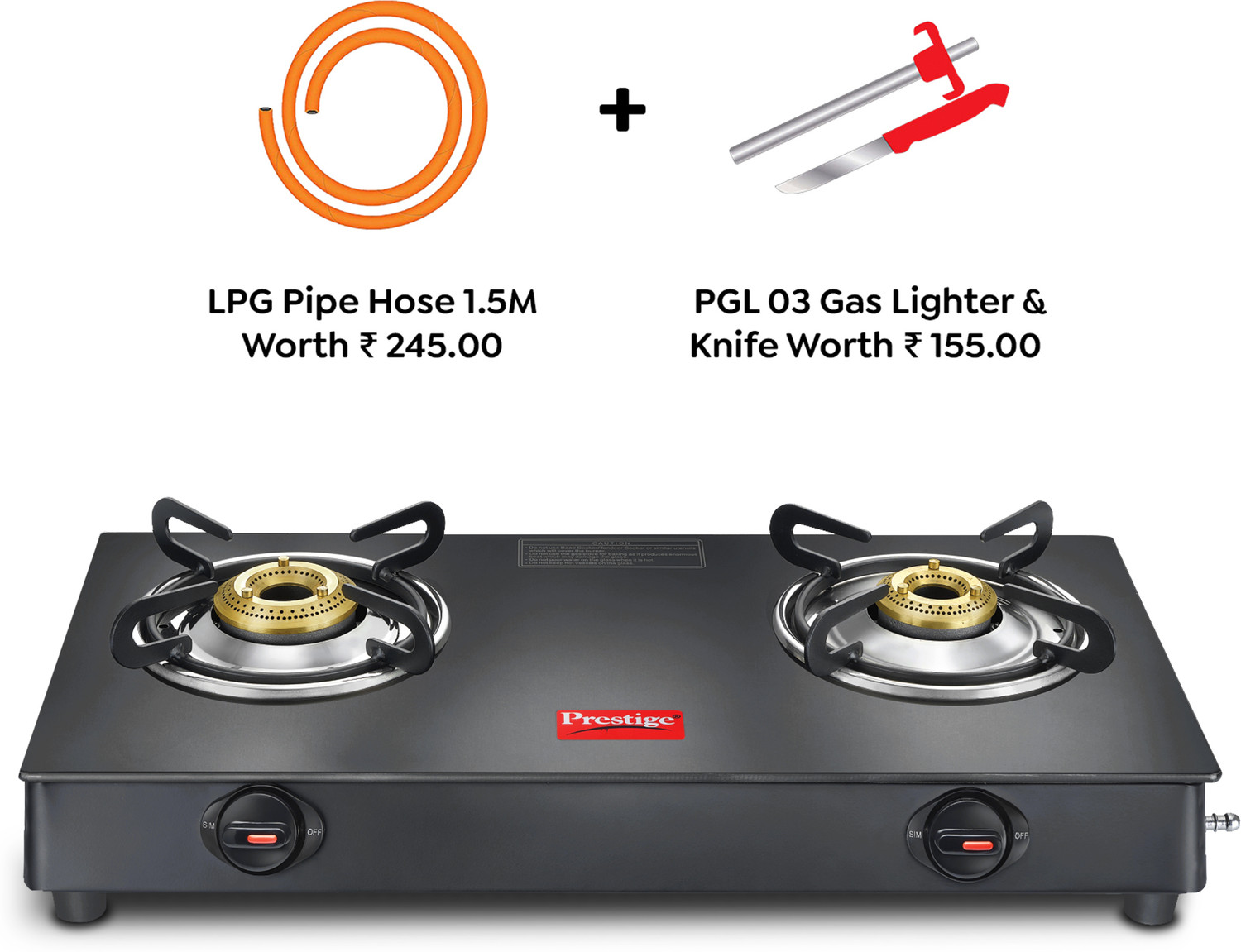 Prestige Atlas Plus Toughened Glass top with Lighter Knife and Hose Pipe Glass Manual Gas Stove