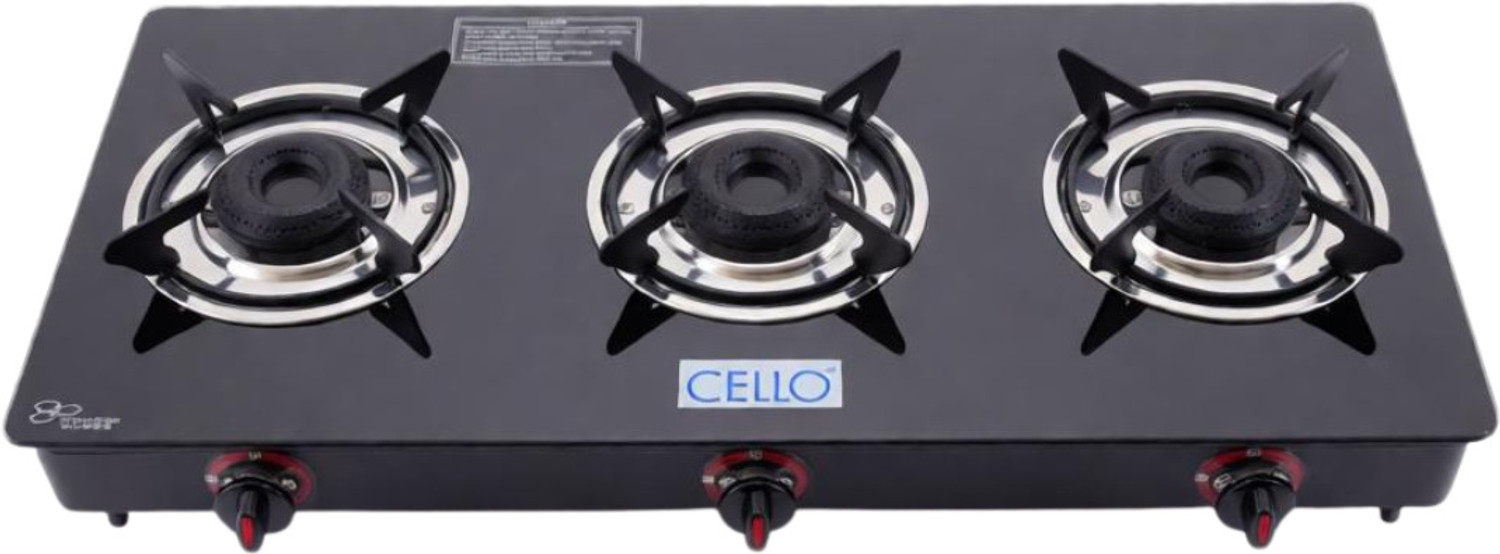 CELLO Crown 3 Burner Black Manual Ignition LPG Glass Top Gas Stove, ISI Certified Glass Manual Gas Stove