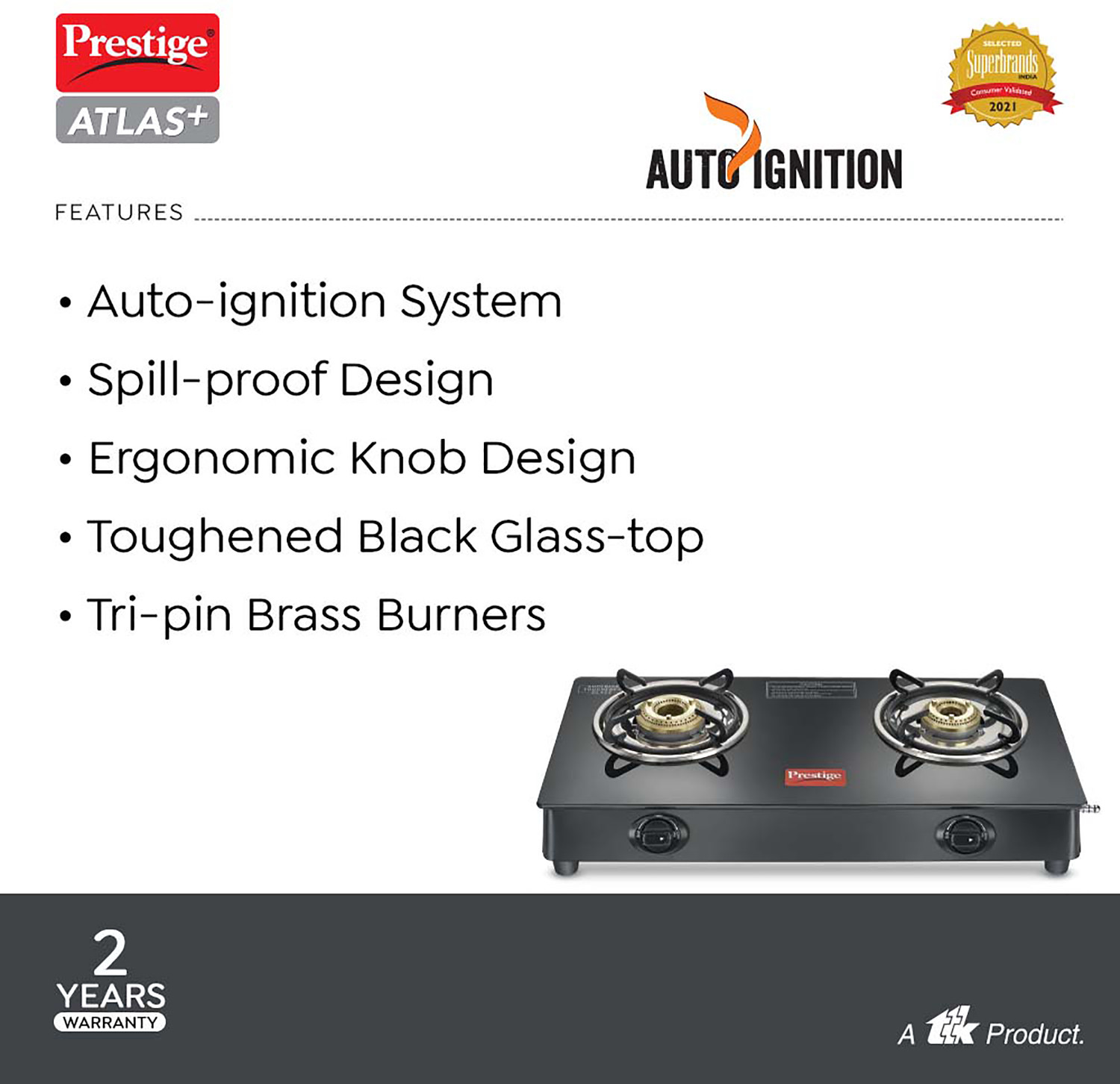 Image of Prestige Atlas Plus High Effient Brass burner & Toughened Glass Automatic Gas Stove