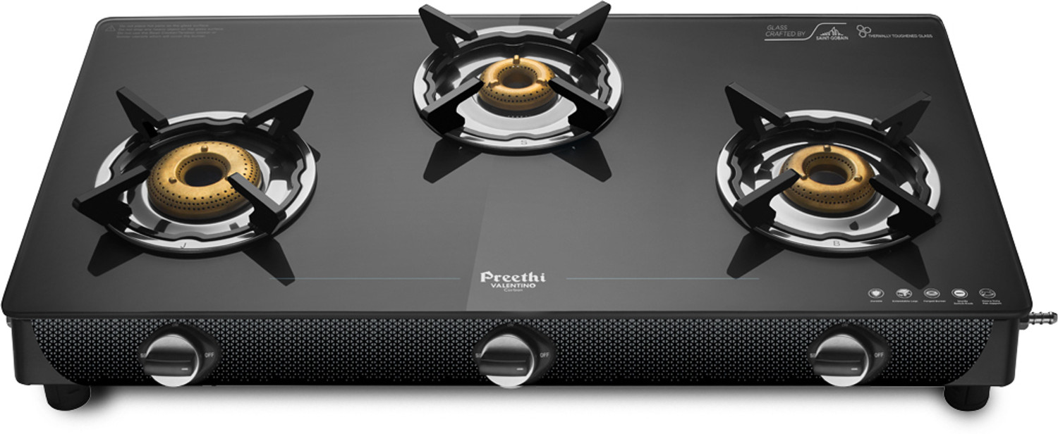 Preethi Valentino 3 burner (ISI Approved) Glass Manual Gas Stove
