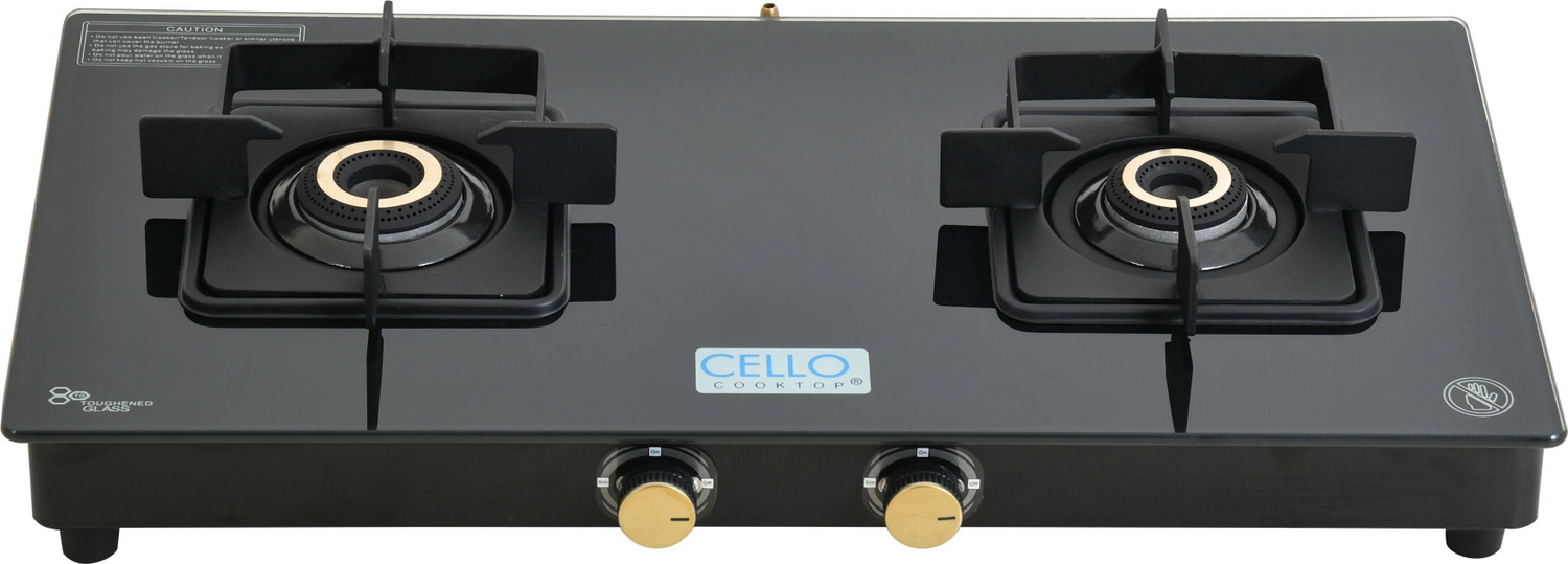 cello Black Pearl 2 Burner Toughened Glass Top Gas Stove, Brass Burner