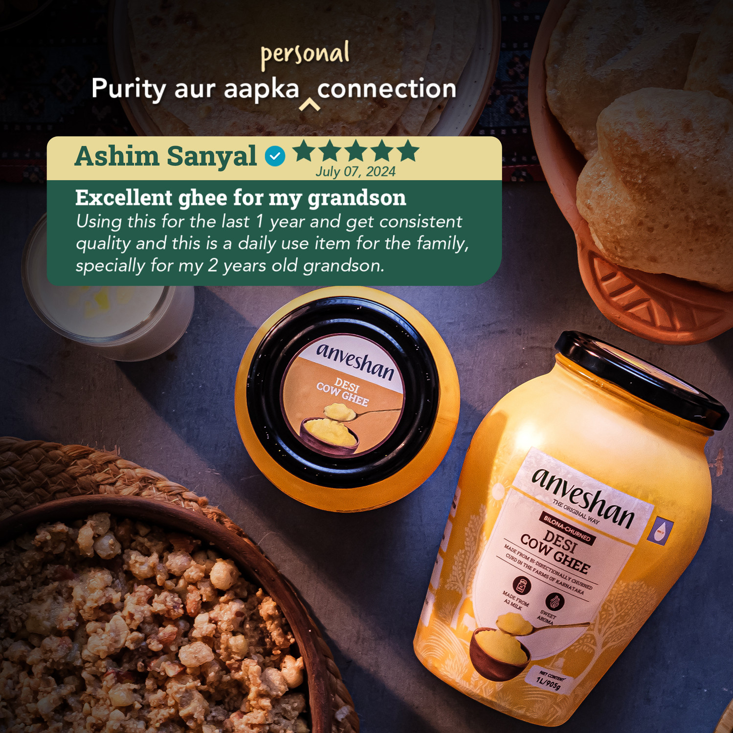 Image of Anveshan A2 Desi Cow Ghee (1 Litre x 2 Jars) | Traditionally Bilona-Churned Ghee Mason Jar (2000 ml, Pack of 2)