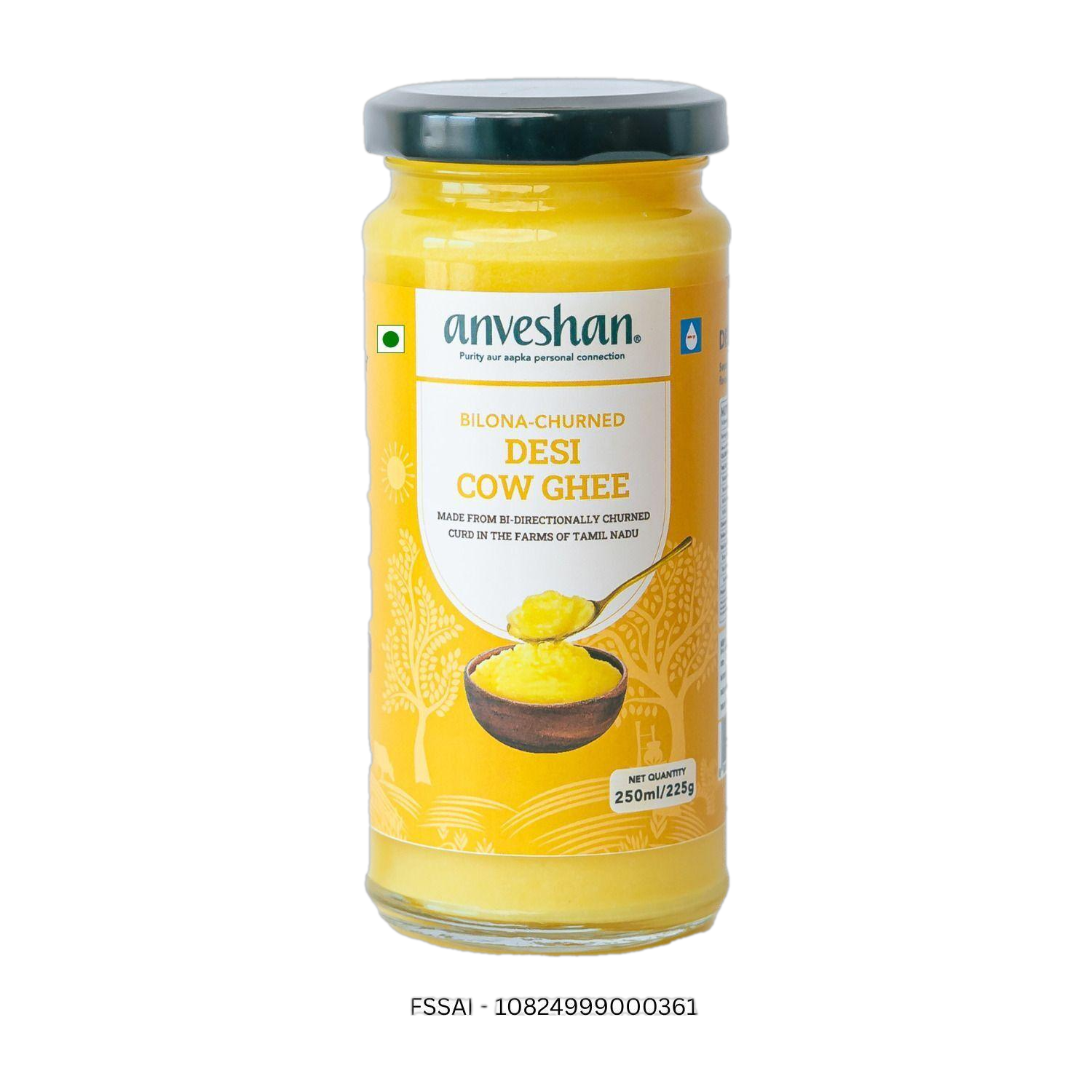 Anveshan A2 Cow Ghee 250 mL | Glass Jar | Bilona Method | Curd-Churned Ghee 250 ml Glass Bottle