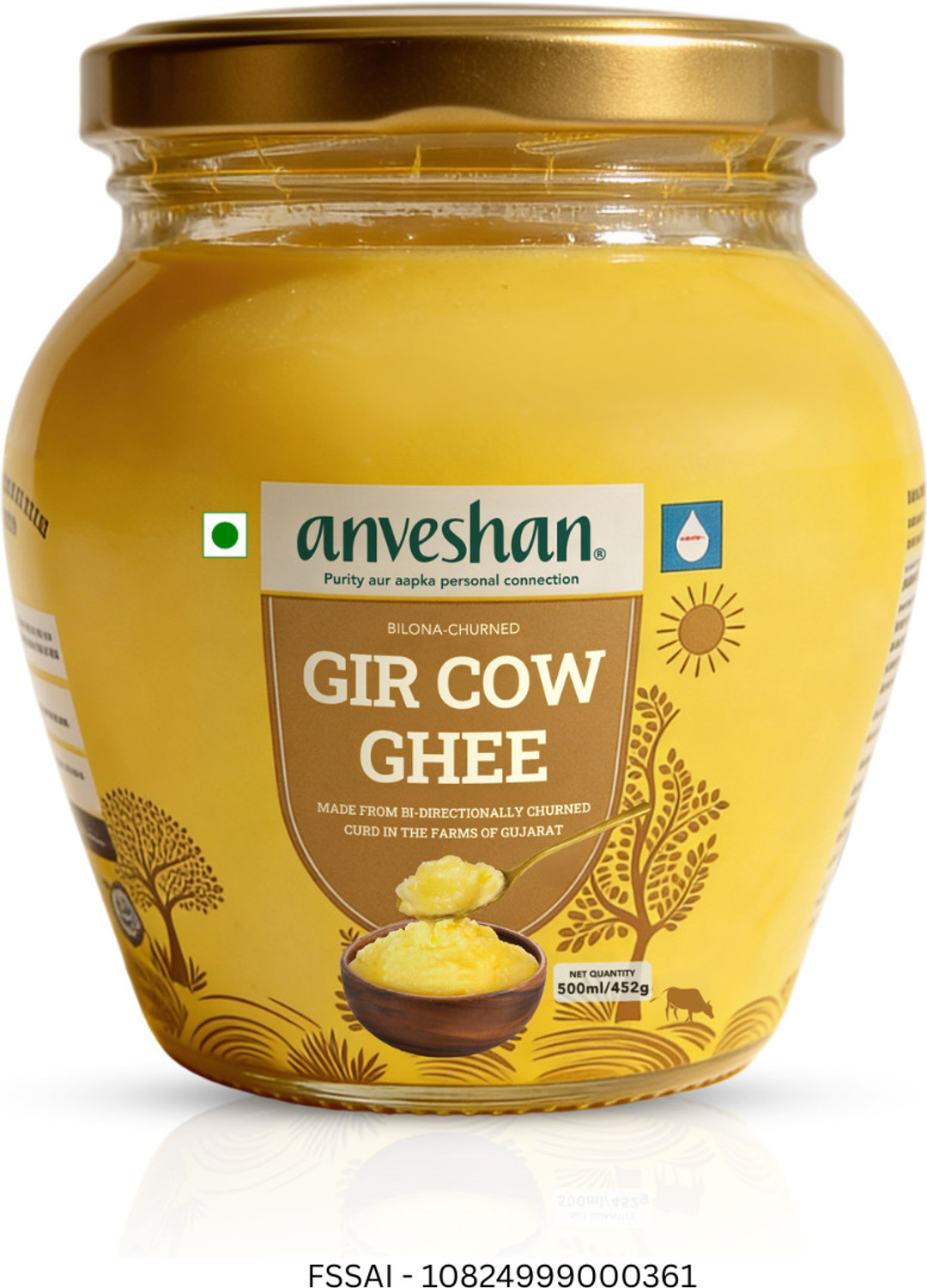 Anveshan A2 Gir Cow Ghee Bilona Method -500ML Ghee 500 ml Glass Bottle