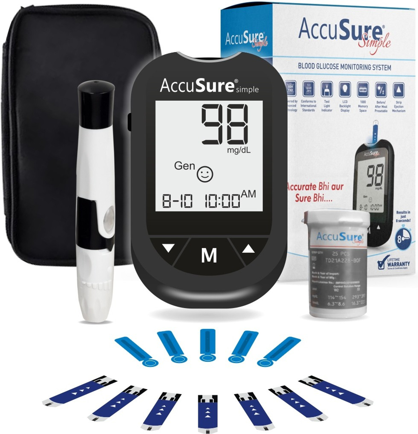AccuSure Simple Glucometer with 25 Strips & 10 Lancets – Black