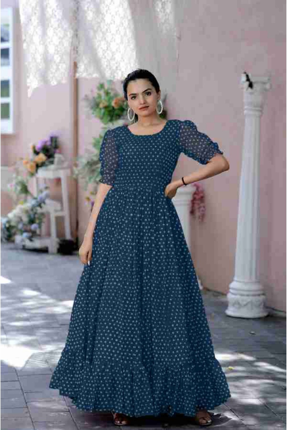 Image of SHISHKALA Polka Print Georgette Stitched Flared /A-line Gown (Blue)