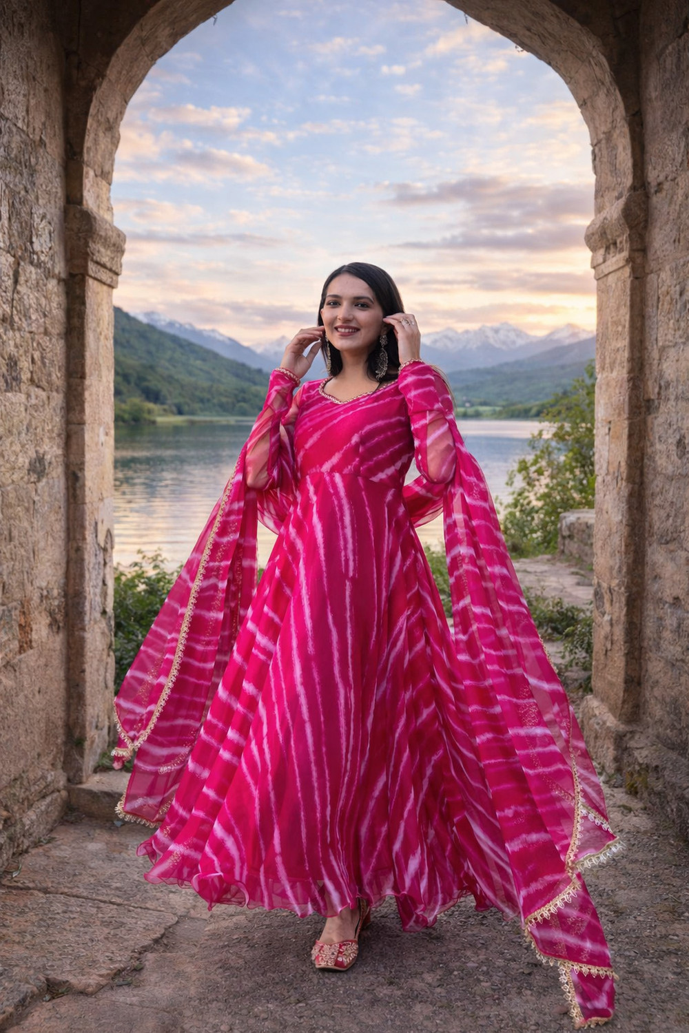 Image of tirgiza Embroidered Silk Blend Stitched Anarkali Gown (Pink)
