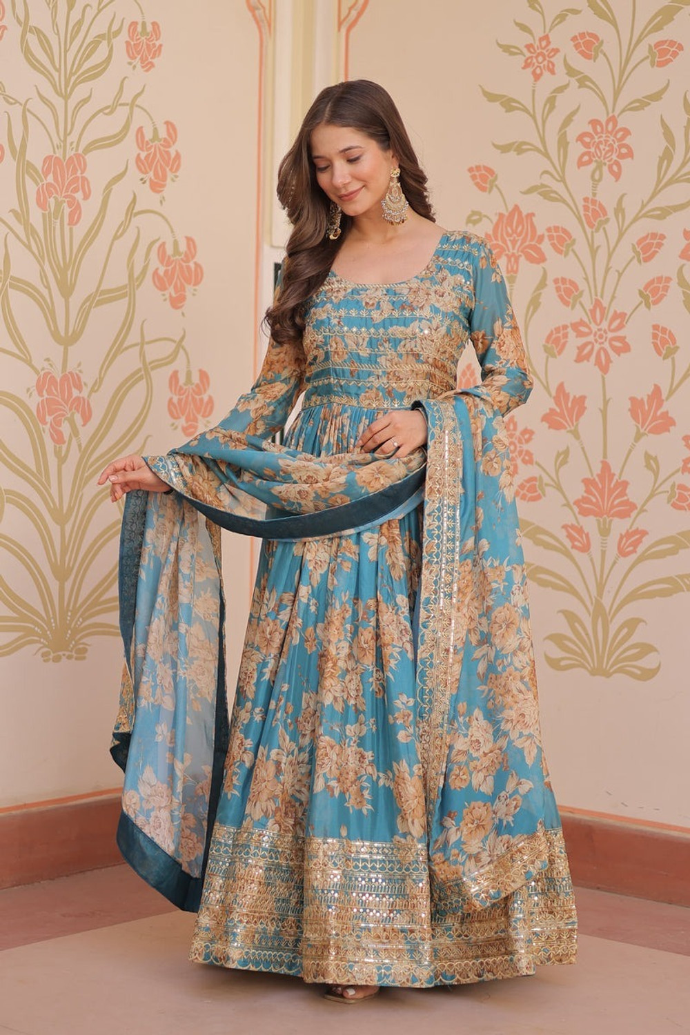 Image of SHISHKALA Polka Print Georgette Stitched Flared /A-line Gown (Blue)